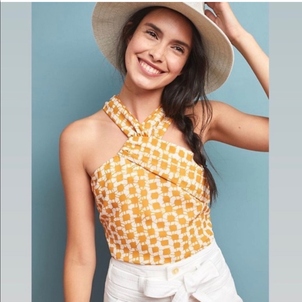 NEW Anthropologie Waverly Grey Batik Yellow Printed Halter Top XL